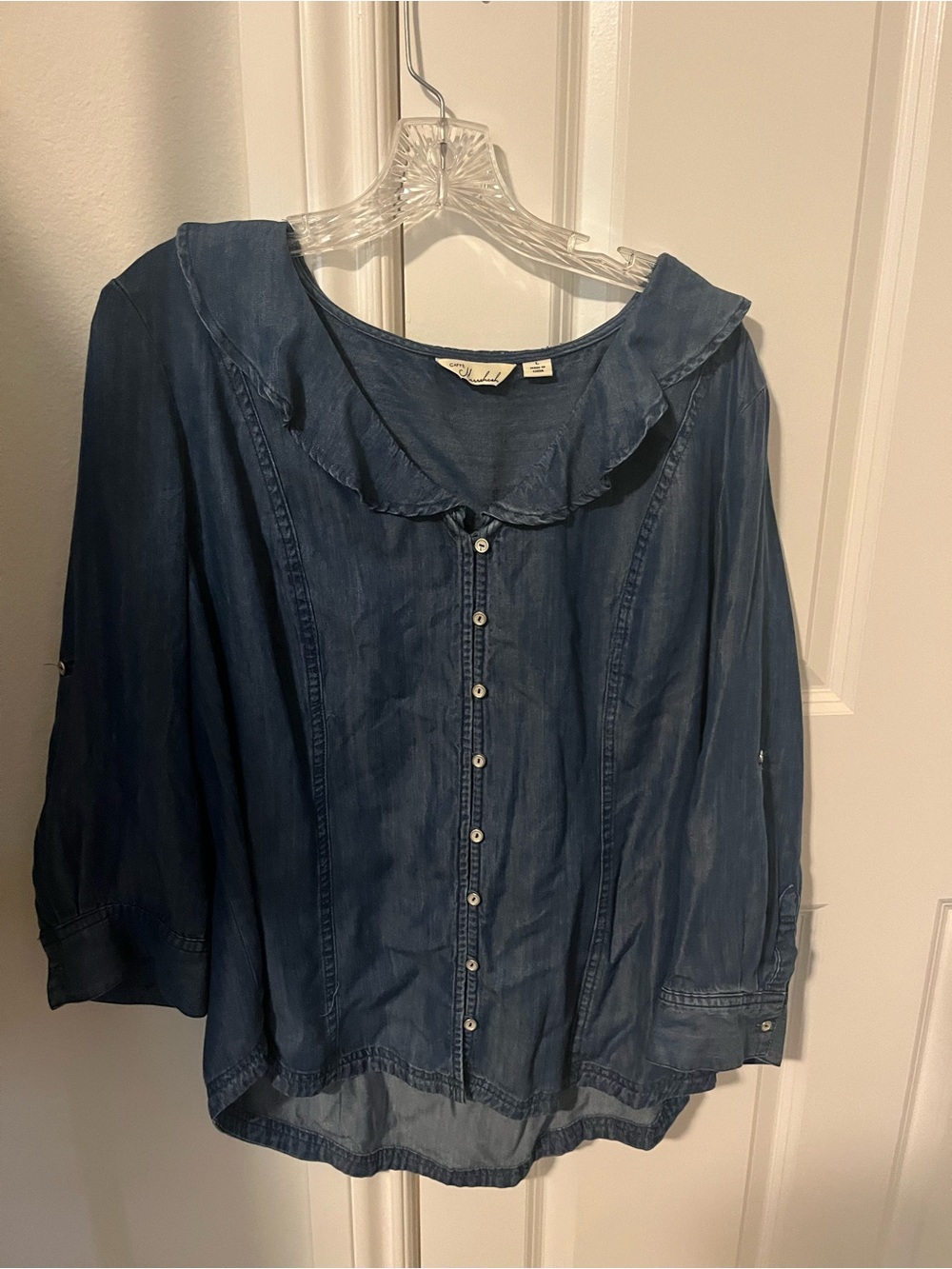 Button-Front Denim Blouse with Ruffle Collar - Blue